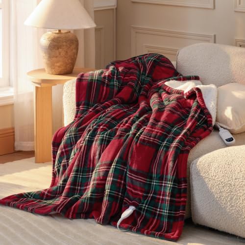 Image of Bedsure Red Plaid Heated Throw Blanket, Flannel Sherpa Electric Blanket