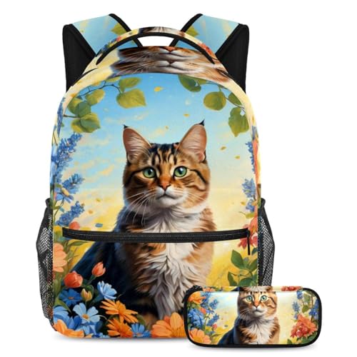 Sac à dos chat grand volume avec trousse à crayons zippée pour adolescents