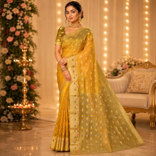 Image of Sarees for Women Wear Organza Silk Banarasi Sari Kanjivaram Soft Pure Paithani Wedding Original Kanchipuram Pattu Sadi with Blouse Piece 2026 (Gulab)