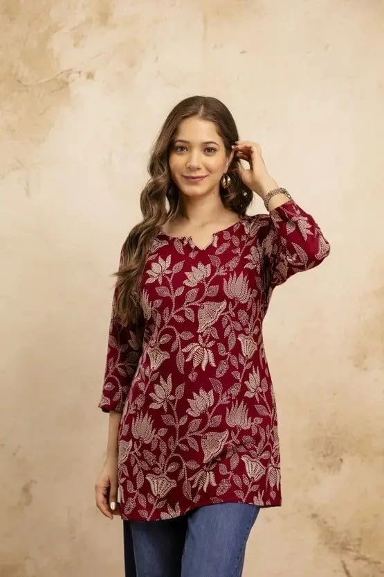 Image of Women's Short Kurti in TopsTunic Rayon Cotton Blend | Ladies Ethnic Tunic