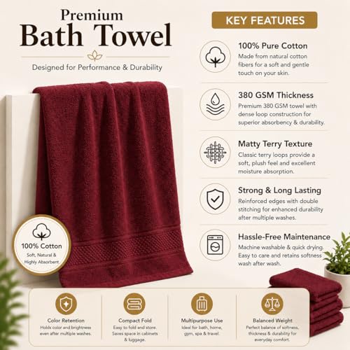 Image of 100% Pure Cotton Bath Towel for Men & Women | 380 GSM Ultra Soft, Highly Absorbent & Quick Dry Bath Towel | Large 55 x 28 Inch Matty Terry Towel for Bathroom, Gym, Travel & Daily Use | Wine