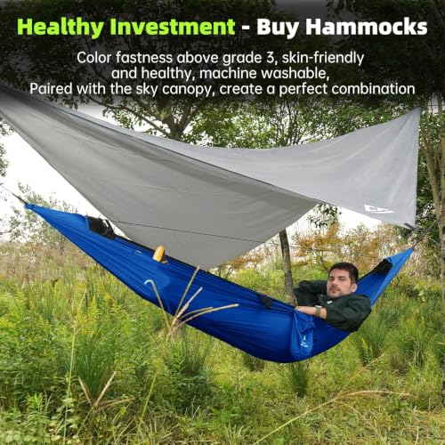 Image of Camping Hammock with Mosquito Net - Portable Parachute Nylon Hammock Tent with Tree Straps, Camp Rope & Stake - for Hiking, Backpacking, Travel, Backyard, Beach - Holds Up to 500lbs (Blue)