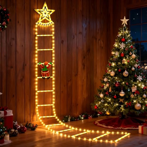 Olycism Weihnachtsmann Leiter Lichterkette, 2.7m Kletternder Weihnachtsmann Aussen,12-stufige Leiter mit Weißen Sternen & Warmweiß LED, 8 Modi, USB Fernbedienung, für Garten, Balkon, Außenbereich