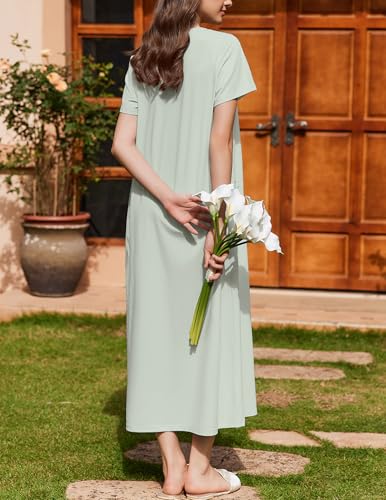 Image of Ekouaer Nightgown for Women Cotton Long Night Gown Short Sleeve Nightdress with Pockets Button Sleepshirt Soft Sleepwear