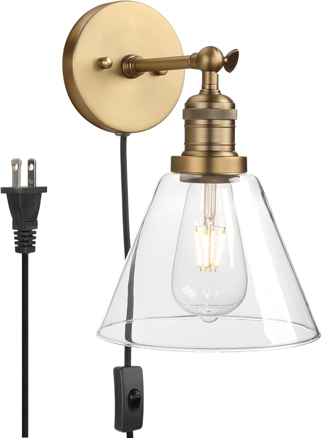 Phansthy Plug in Sconce Light Antique Bronze Bathroom Wall Sconces with 7.1 Inches Cone Glass Light Shade (Antique Gold, Cone Glass Shade)