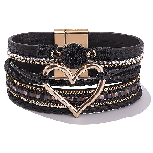 FANCY SHINY Heart Leather Wrap Bracelets Stackable Boho Cuff Bangles Trendy Resin Stone Rhinestone Bracelets with Magnetic Clasp for Women Mother Gift Jewelry