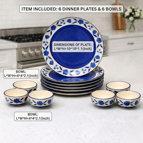 Image of Freakway Hand-Painted Floral Ceramic Dinner Set of 12 Pcs | 6 Ceramic Dinner Plate and 6 Bowl /katori | Bone Ash Free | Microwave and Dishwasher Safe - Blue