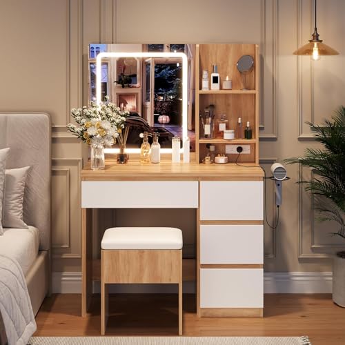 GAOMON 3-Color Adjustable Lighted Mirror Vanity Desk Set,4-Drawer Dressing Table with Storage Stool, Power Outlet & Shelves, Complete Makeup Vanity fo