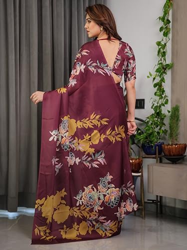Image of ALMAARI FASHION Satin Georgette Floral Printed Saree with Blouse, 5.5 Meter Saree with 0.8 Meter Blouse, Traditional (SG 116 H)