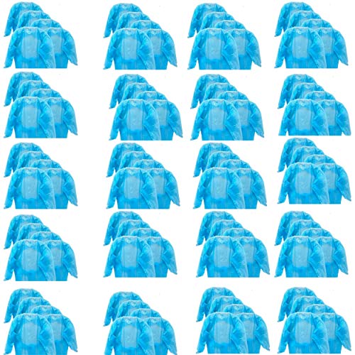 100 Pcs Adult Disposable Isolation Gowns - Value Pack Non-Surgical Long Sleeve Polyethylene Blue Lightweight Simple And Effective Neck to Knee Protection For Men and Women Open Back With Tie Closure