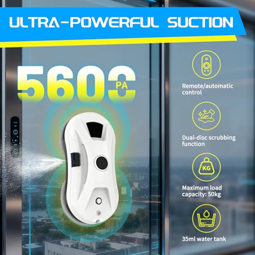 Kocusu Fensterputzroboter mit Sprühfunktion, 5600 Pa Automatische Elektrischer Fensterputzer mit, 4 Reinigungswege,10 Tücher und intelligenter Kantenerkennung, Fensterreinigungsroboter für Fenster