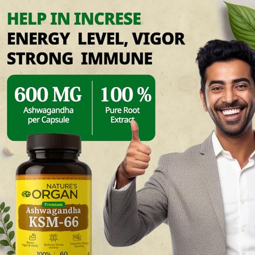 Image of Nature's Organ Ashwagandha KSM-66-500mg for Vitality, Extra Strength & Power with Stress Relief, Sleep Support & Immunity | Premium Root Extract for Men & Women | 60 Capsules