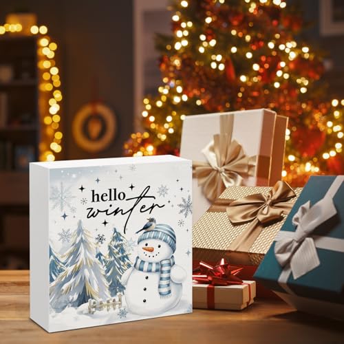 Image of Winter Decor, Blue Snowman Christmas Wood Box Sign, Seasonal Winter Holiday Decorations for Home Office Shelf 5 X 5 Inches