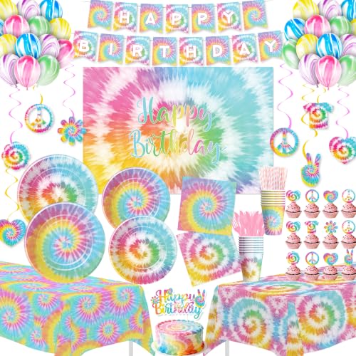 HOAKWA Tie Dye Party Decorations Girls for Birthday Hippie Rainbow Pastel Tie Dye Birthday Party Supplies Plate Cup Napkin Tablecloth Banner Topper Swirl Cutlery Backdrop Balloon Serve 24