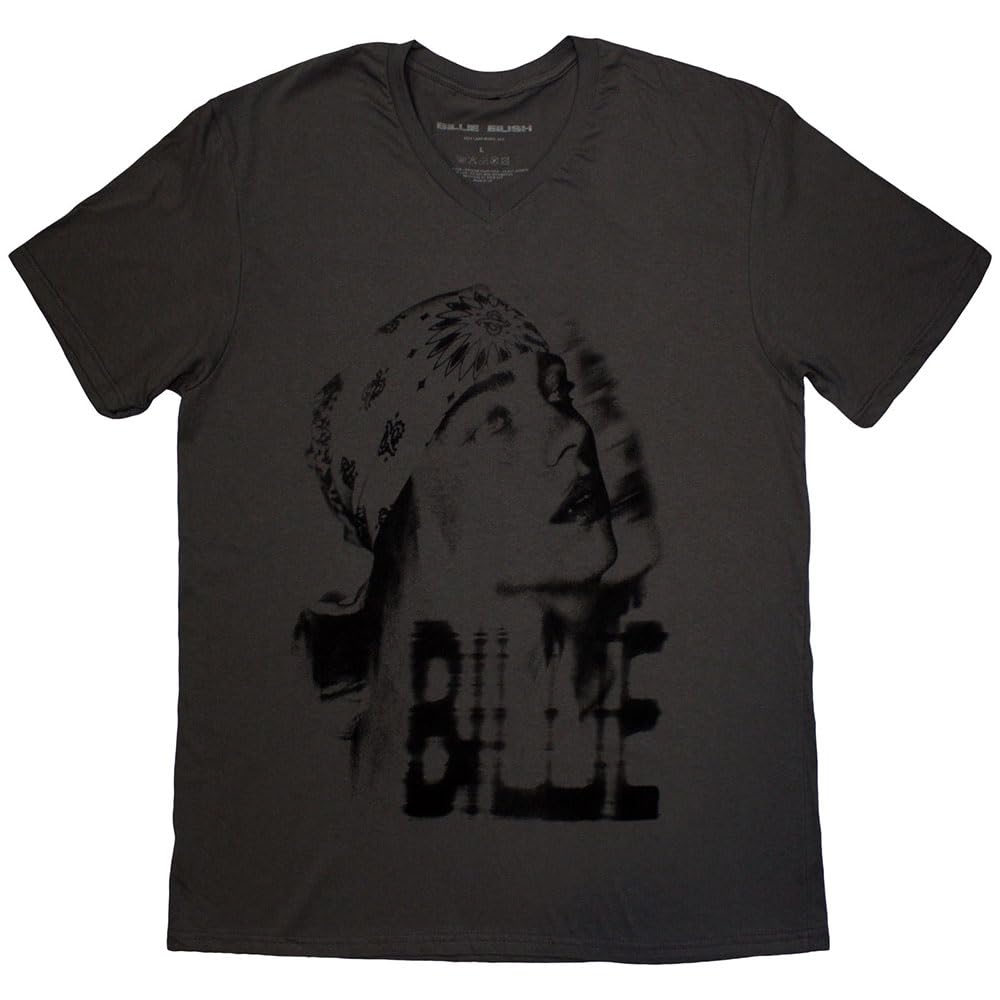 Rock Off Officially Licensed Products Men's Charcoal Billie Eilish Tonal Bandana Photo V Neck T Shirt Xl