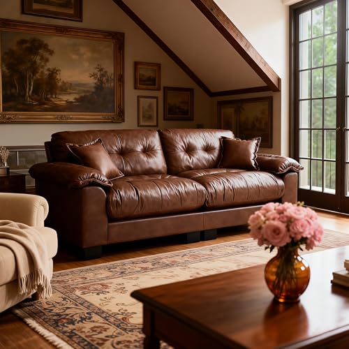Image of Faux Leather Sofa, Mid Century Modern Deep Loveseats, Comfy Cloud Couch, Tufted Pillow Top Arm Furniture for Living Room, Apartment, Cognac Brown