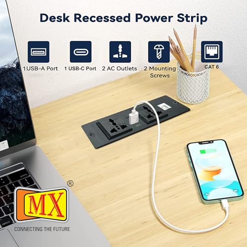 Image of MX Premium Power Console 16 Amp 6 Universal Sockets with 2 USB Charging Port Extension Board - with Removable Desk Clamp Power Strip Master Switch (Desktop Socket - 2AC + USB-A /C + CAT6 (Black))