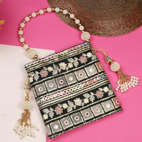 Image of LONGING TO BUY Indian Embroidered Pearl Potli Bag For Women, Sequence Design with Tassel, Wedding Potli Bags