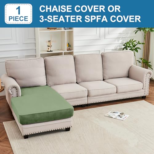 Image of Couch Cover Velvet Chaise Cushion Cover for Sectional Sofas - Elastic L-Shaped Sofa Seat Covers Washable, Slipcover Protector (1-Piece, Avocado Green)