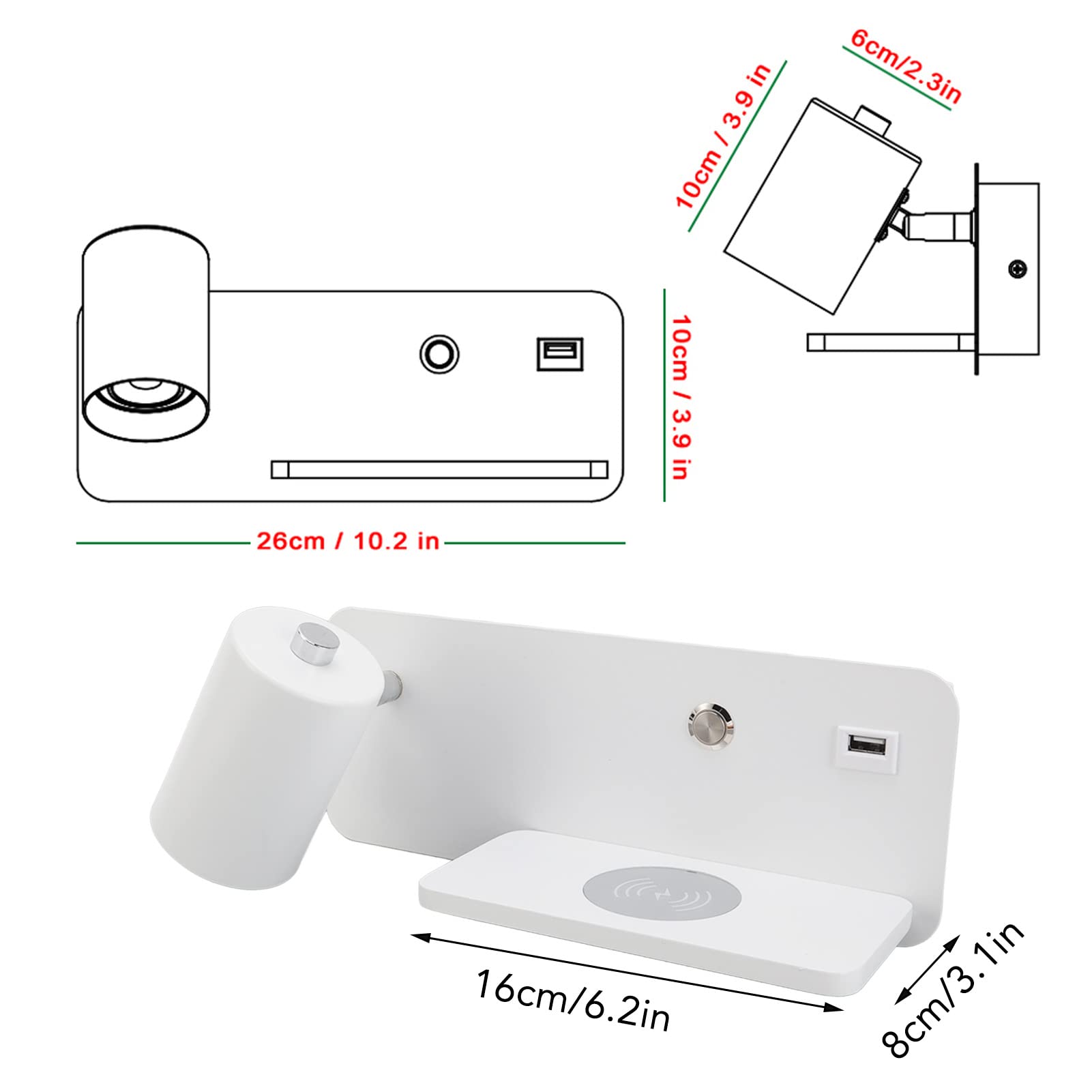 Applique a Led, Lampada Da Lettura a Parete Da Comodino Con Caricatore Wireless Da 5 V E Porta Di Ricarica Usb Lampada Da Parete Da Camera Da Letto Regolabile E Girevole Per Il(Sinistra bianca)