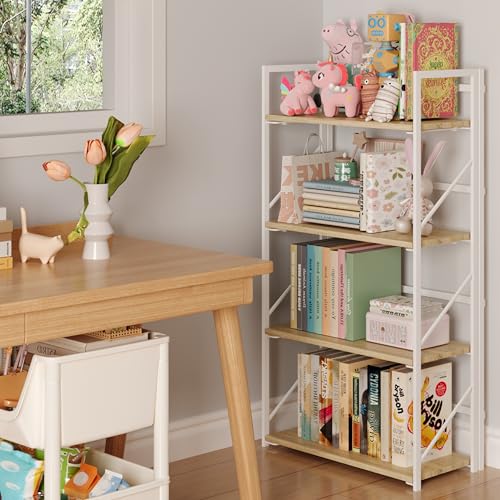 Image of JSB No Assembly Folding Bookshelf, 4 Tier Industrial Metal Book Shelf for Storage, Vintage Wood Foldable Bookcase for Living Room, Bedroom, Office Organization Shelves