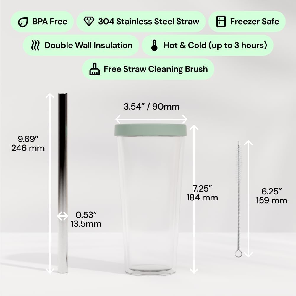 Dodoko Reusable Boba Cup and Straw Boba Tea Cup Bubble Tea Cup Reusable Iced Coffee Cup Cold Coffee Cup Smoothie Cup with Lid and Straw Smoothie Cup to go Smoothie Tumbler 17 oz - Sage Green - Image 4