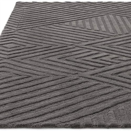 Image of Hand-Tufted Woolen Large Carpet for Living Room 7x10 feet Charcoal Grey Geometric Loop Cut Pile Anti-Skid High Pile Thick Carpet & Rugs for Bedroom & Hall