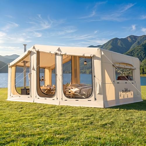 How to Select Luxury Camping Gear for Glamping 4 Inflatable Tent for Camping,16.4'x7'x7' Blow Up Tent 8-12 Person,3 Room Tent with Divided Curtain,Hot Tent with Stove Jack, Inflatable House with Pump, Quick Setup Air Glamping Tent for Family Outdoor