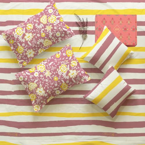 Image of Urban Space 144 TC Divine 100% Cotton Bedsheet for Double Bed with 2 Pillow Covers and 2 Cushion Covers, Queen Bedsheet with Gift Box(Size 90 x 100 inches, Streak Muddy Pink, Double)