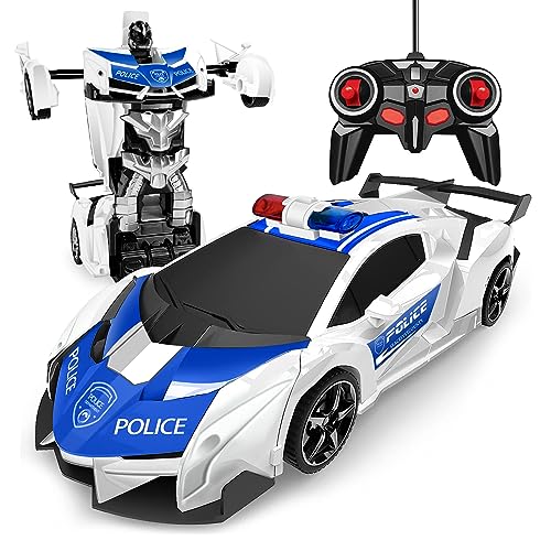 Remote Control Police Car,Toys for Boys 3 4 5-7 8 Year Old, 1:18 Scale RC Car Transformation Robot Toys for Kids Toddles Christmas Birthday Gifts, 360 Drifting & One-Button Deformation Rc Racing Car