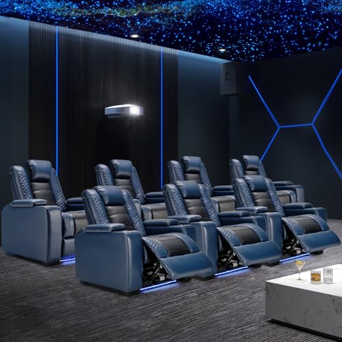 Image of ANJ Power Recliner Chairs Set of 7 for Adults, PU Leather Home Theater Seating with Adjustable Powered Headrest,LED,Storage,USB,Cup Holders,Blue