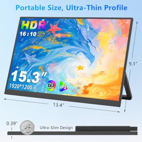 Image of 15.3 Inch Portable Monitor FHD 1200P 60Hz IPS,USB-C External Second Screen, Compatible with Laptop, PC, Mac & Phone, Travel Display for Office Work