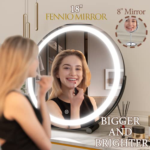 Fennio 18 Inch Large Vanity Mirror With Lights, Round Led Lighted Up Makeup Mirror, Large Makeup Mirror With Lights, Touch Screen With 3-Color Lighting Dimmable, For Vanity Desk Tabletop, Bedroom #TOP1