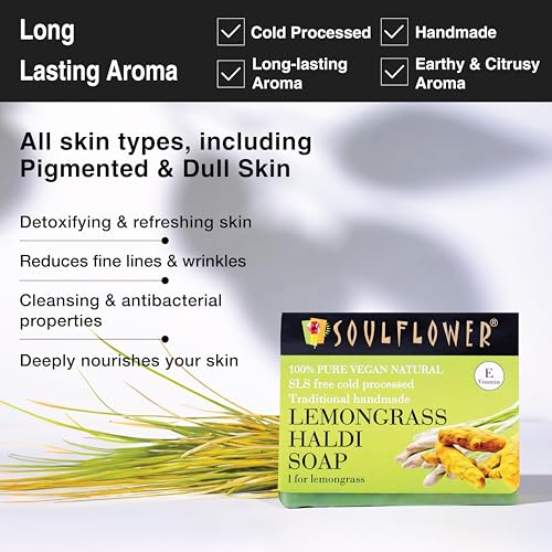 Image of Soulflower Lemongrass Haldi Soap for Refreshed and Oil-free Radiant Skin - Handmade, 100% Pure, Natural & Cold processed Grade 1 BIS Standard Premium, 150g,Green