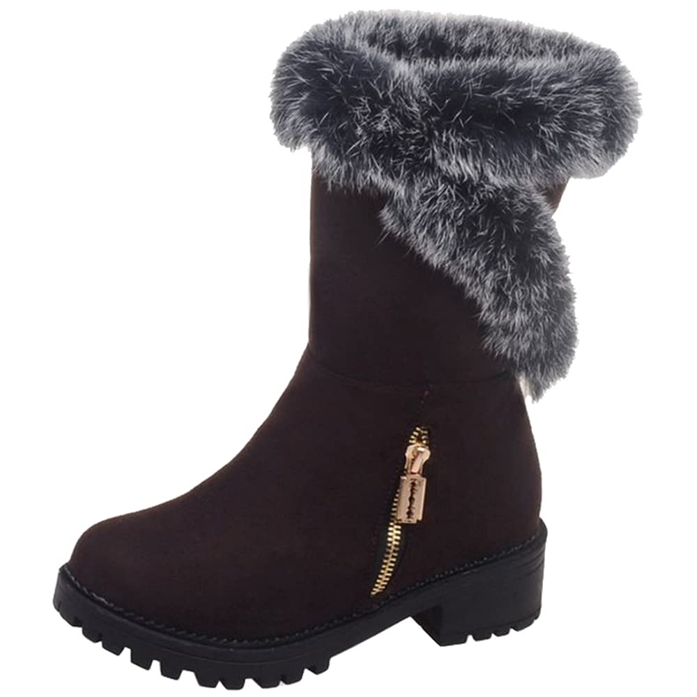 Onewus Damen Winterstiefel mit halbhoher Wade, warmem Kunstpelz und niedrigem Chunky Heel