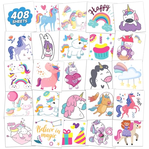 408 Hojas de Tatuajes Temporales de Unicornio Individuales para Niñas, Tatuajes Falsos a Prueba de Agua para Niños, Tatuajes en Bulk para Decoraciones de Cumpleaños de Niña