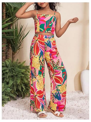 Image of Floerns Girl's 2 Piece Outfit Hawaiian Tropical Crop Cami Tops and Boho Pants Set