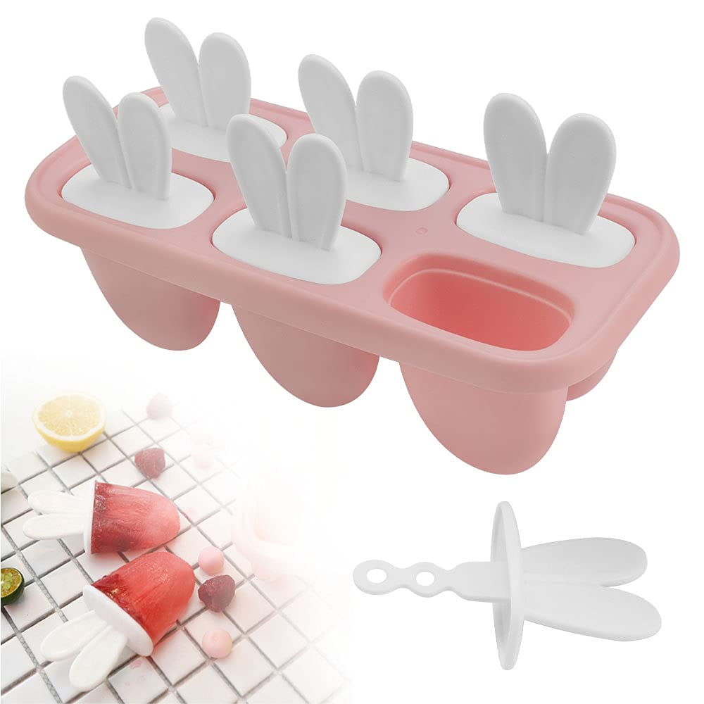 Cartoon Ice Lolly Moulds BPA-Free Ice Lolly Maker Bunny Ice Cream Mould DIY Popsicle Mold Reusable Ice Pop Maker with Sticks for Toddlers Children Adults Homemade Popsicle (6 Grids, Pink)
