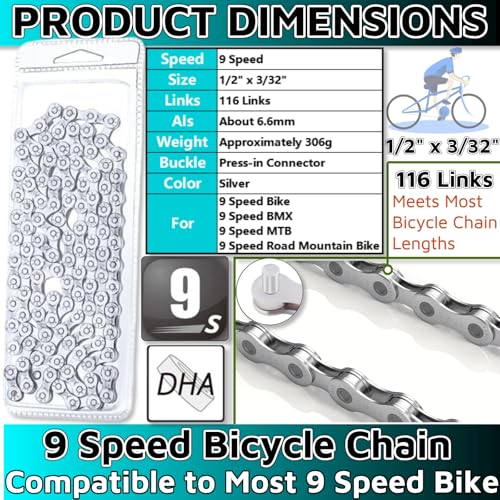 9 Speed Bike Chain，Bicycle Chain 1/2\" x 3/32\" 116 Links,BMX Chain BMX Bike Chain Lowrider Bike Parts Chain Replacement for Road Mountain Bike/BMX/MTB - Thumbnail 2