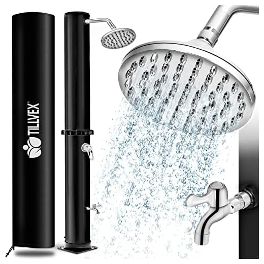 tillvex Douche Solaire avec Capot de Protection | Douche de Jardin Eau Chaude | Douche de Piscine Camping | sans raccordement électrique (Noir, 35 litres)
