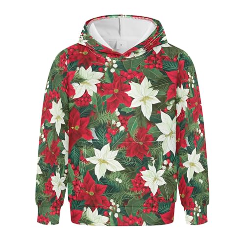 Kids Hoodies Sweaters Christmas Poinsettia Flower Hooded Sweatshirts with Big Pockets for Boys Girls B0400060