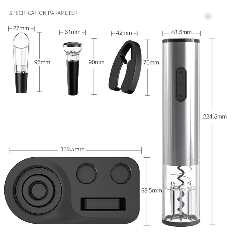 Image of PEIPU Electric Wine Opener Set, Battery Operated 5-in-1 Wine Gifts for Wine Lovers with Storage Base, Foil Cutter, Wine Aerator Pourer & Vacuum Stoppers, Silver