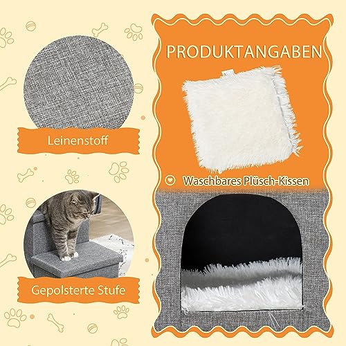 PawHut Hundetreppe 3 Stufen 40,5 cm Hoch Haustiertreppe mit Höhle Kissen Stauraum Katzentreppe für Kleine Hunde Hunderampe mit Waschbar Bezug Einstiegshilfe für Bett, Sofa, Couch und Auto Hellgrau
