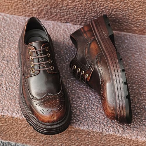Men's Platform Chunky Dress Shoes Color Rubbing Genuine Leather Wingtip Oxfords Classic Round Toe Lace-up Lug Sole Shoes， Casual Comfortable Business Work Shoes4