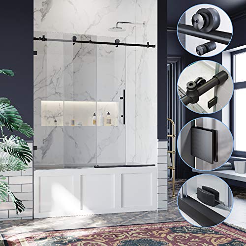 Elegant 60" W X 62" H Frameless Sliding Tub Door With 3/8" Clear Glass,Bathtub Sliding Shower Doors In Polished Stainless Steel,Black Finish #TOP1