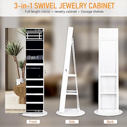 LVSOMT 360° Swivel Jewelry Mirror Cabinet with Lights, Standing Jewelry Armoire Organizer, 63\" Rotatable Full-Length Mirror with Jewelry Storage, Lockable with Back Storage Shelve, White