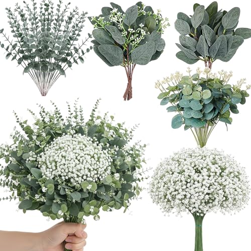 WONICE 120 Pcs 5 Mixed Eucalyptus Greenery Stems Artificial Baby