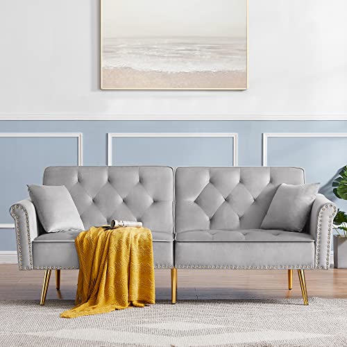 Kakotito Tufted Velvet Sofa Bed Sleeper With 2 Pillows, Luxury Loveseat Couch, Splitback Futon For Living Room & Office, Convertible Futon With Vintage Nailhead Trim And Metal Legs (Gray) #TOP3
