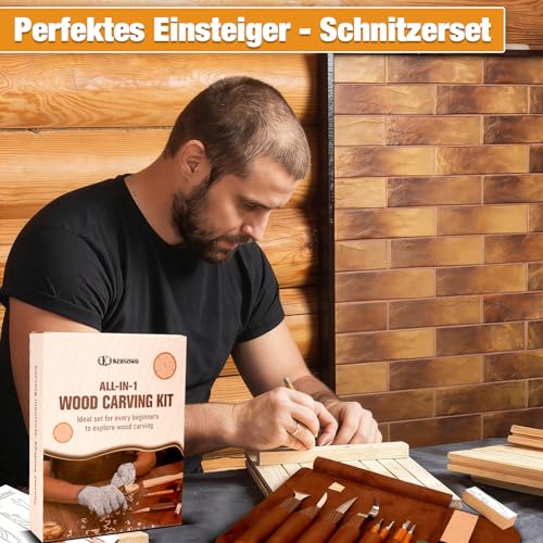 Holzschnitzwerkzeuge, 22-teiliges Holzschnitzerei-Set mit PU-Aufbewahrungstasche, mit 9 Schnitzmessern, schärfstein & PU-Tasche, Schnitzset zum Schnitzen für Anfänger