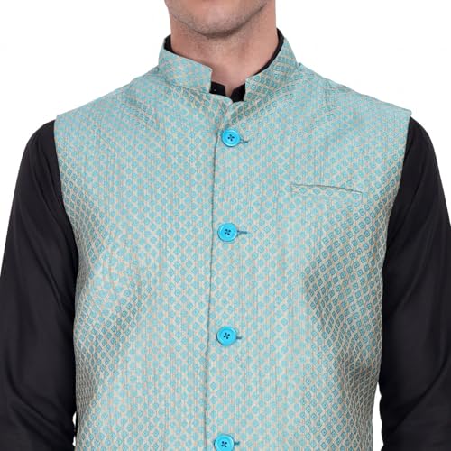 Image of SKAVIJ Men's Indian Dupion Silk Weaving Design Sleeve Less Nehru Jacket Waistcoat Turquoise XL